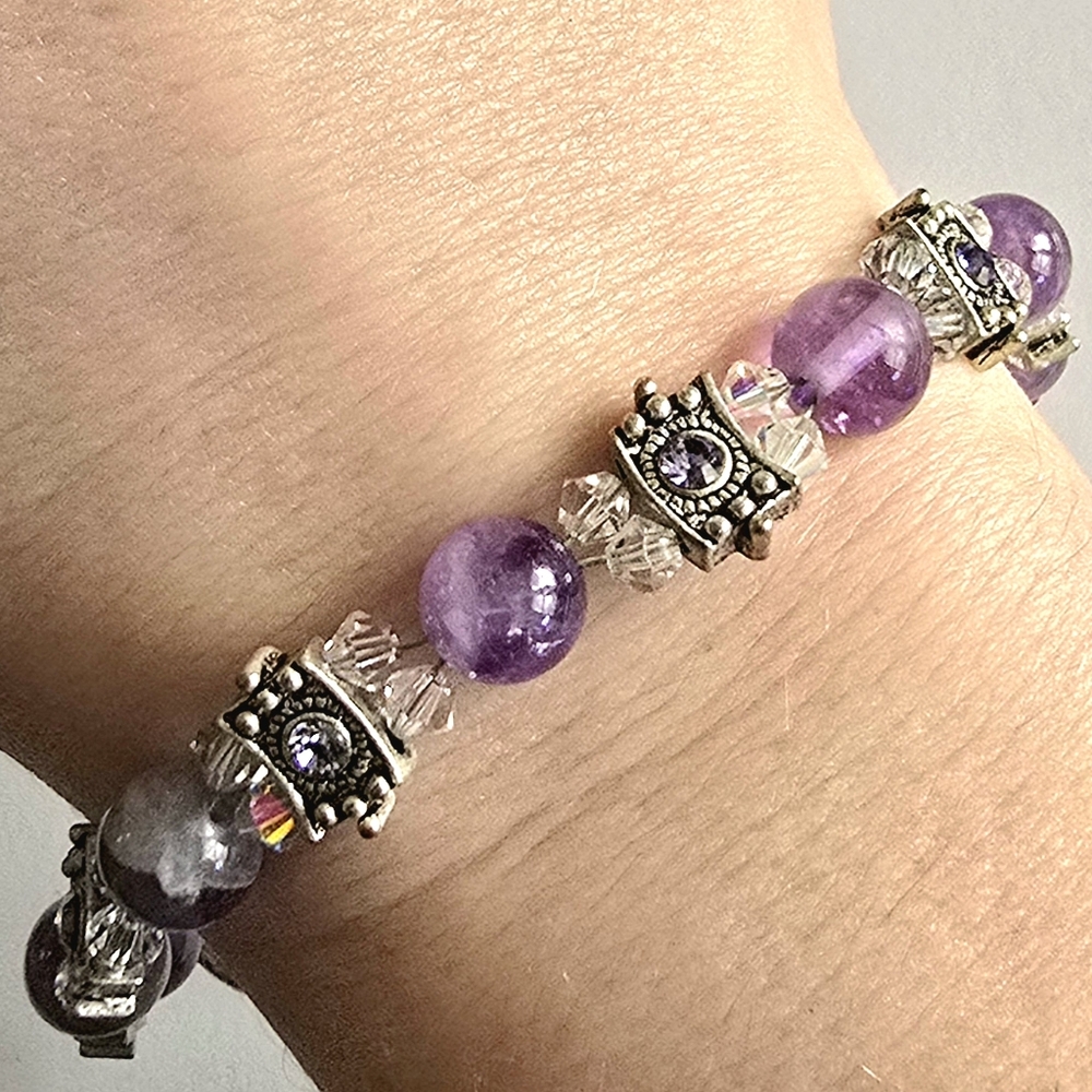 Amethyst bracelet beaded real handmade silver tone sparkly bead purple